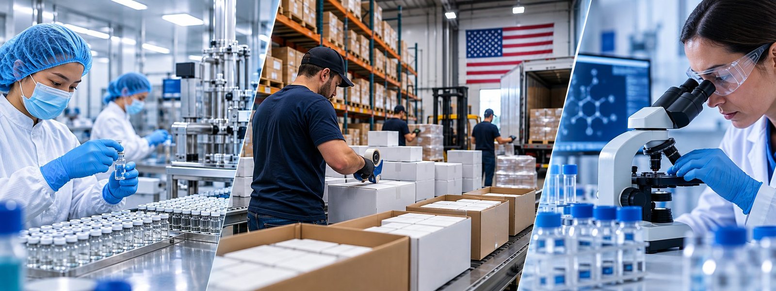 Vial filling line, US warehouse packing, and laboratory quality testing